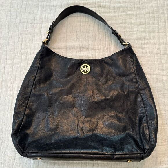 TORY BURCH Dena Black Glazed Distressed Leather Hobo Shoulder Bag - Picture 2 of 10